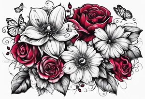 Flowers with "Ruby" in calligraphy font and butterflies around it tattoo idea
