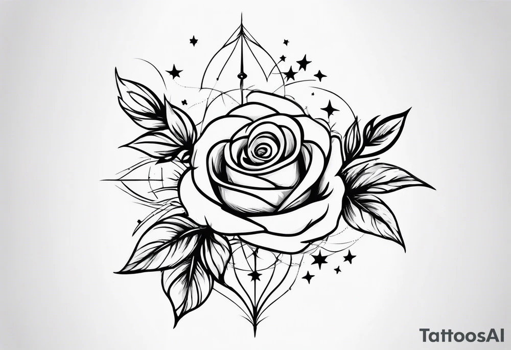simple lines. minimalist. a rose, no thorns, a few leaves along the stem. three delicate birds flying around the rose. but simple traces of birds seen from a distance and five small stars around them. Small arm tattoo for a delicate woman. tattoo idea