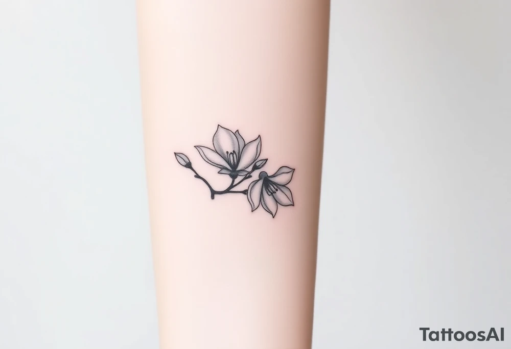 Branch with few magnolia flowers, in different blossom stages with botanical details tattoo idea