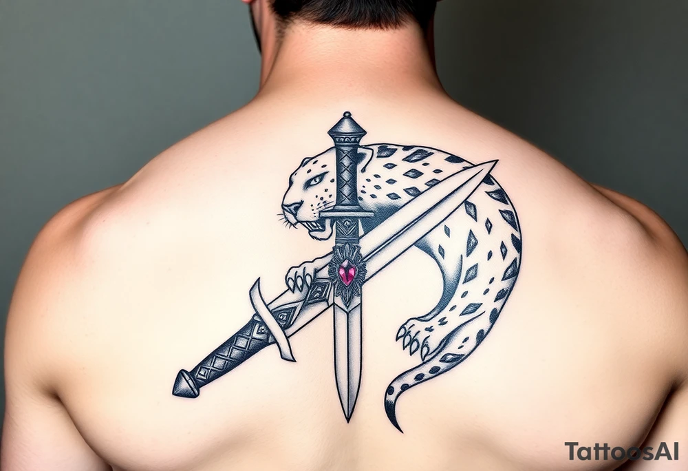 mystical panther around an ancient dagger with jeweled hilt tattoo idea