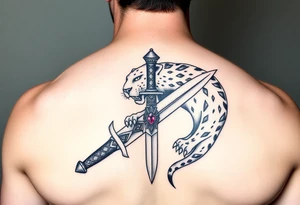 mystical panther around an ancient dagger with jeweled hilt tattoo idea