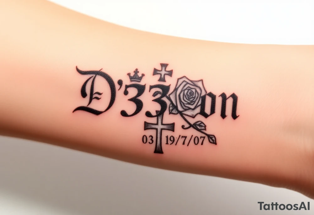 Name D3von with a crown and rose and cross and 03/27/07 tattoo idea
