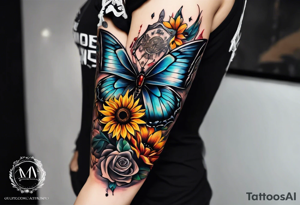 Arm sleeve with Winged cross with sunflower and butterflies tattoo idea
