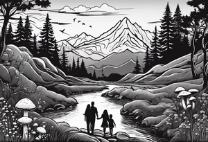 Family silhouette of a father, a mother with long straight blonde hair, oldest son, middle daughter, and small daughter foraging mushrooms with mountains and creek in background tattoo idea