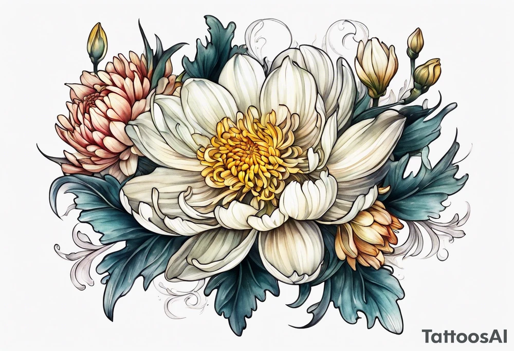 Chrysanthemum and Narcissus intertwined tattoo idea