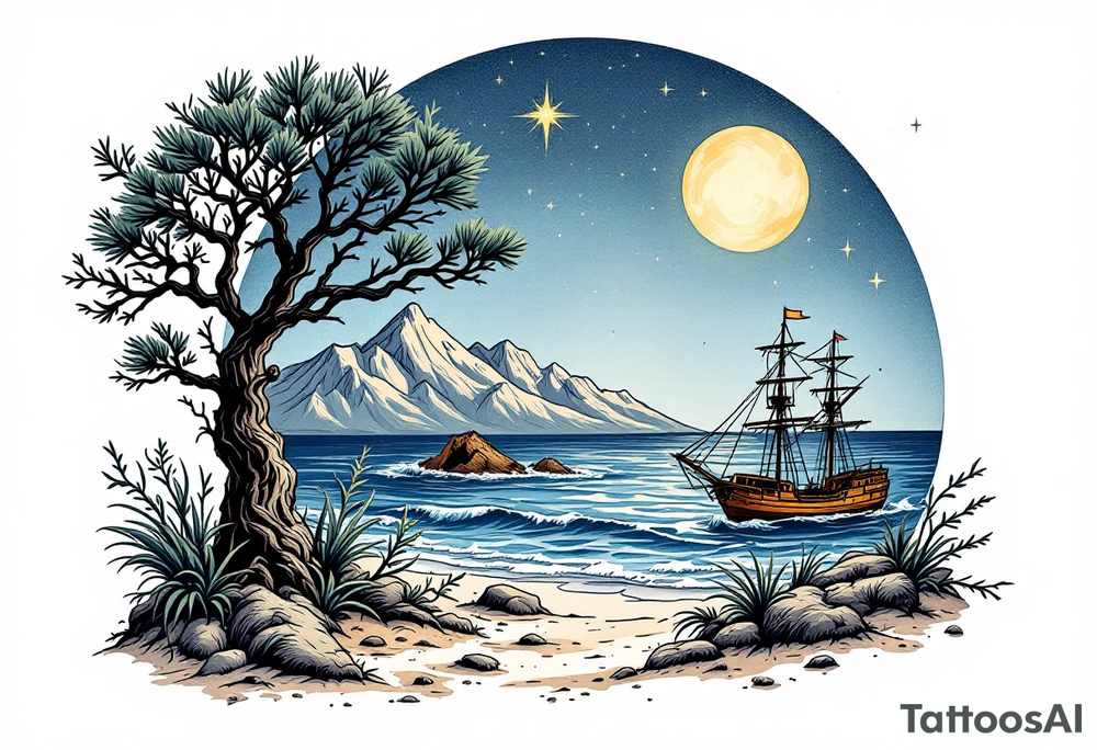 tattoo that has an acacia tree with mountains, ocean with a ship wreck and the northern star tattoo idea
