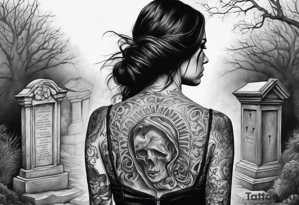 Woman walking out of a graveyard  leaving her old terrifying past behind her tattoo idea