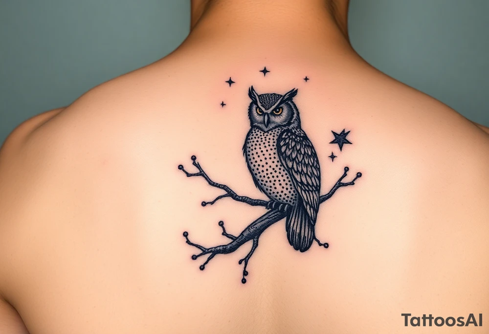 wise owl perched on ancient oak branch under starlit sky tattoo idea