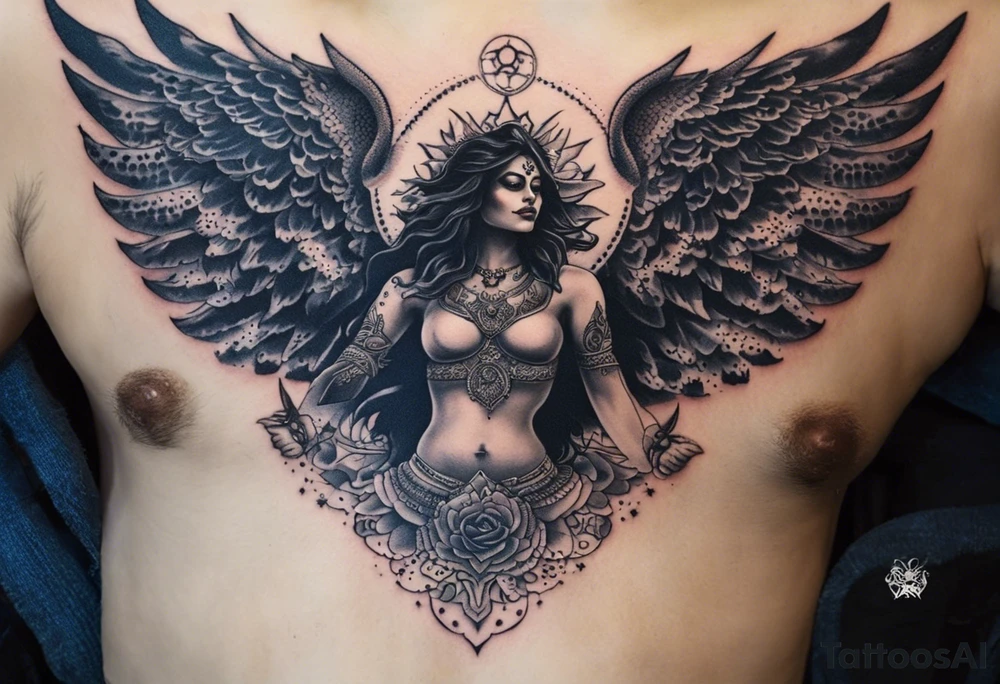 black kali, goddess pirate, alien, angel, pachamama, valkrye, warrior, flying, skull, lotus azul, wing, eagle, zenza resonance, stars, 5D, anahata chakra, death, durga, riding on a tiger, flying lady, kundalini, chest tatoo, rebel tattoo idea