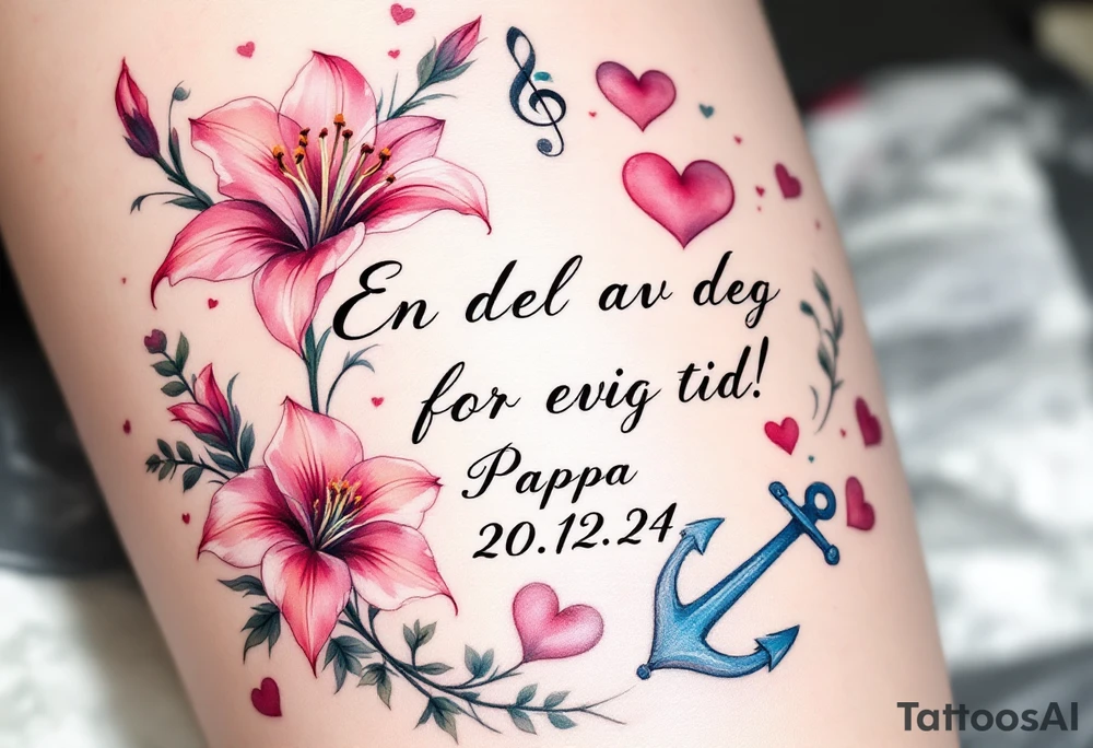 «En del av deg for evig tid!
Pappa 20.12.24» Surrounded by long gladiolus, hearts, notes and an anchor. tattoo idea