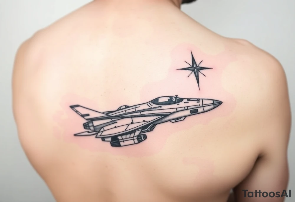 Shoulder tattoo of a spaceship and a star. tattoo idea