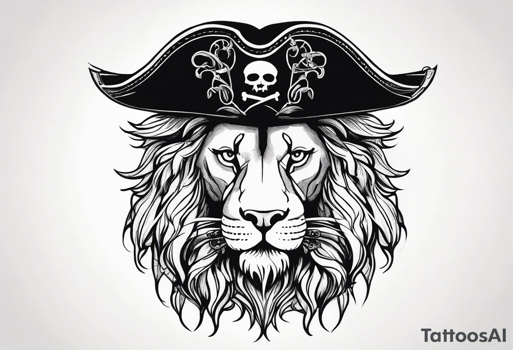 Pirate lion wearing jacket, sword and pistol, nautical steampunk theme. dreadlocks. tattoo idea