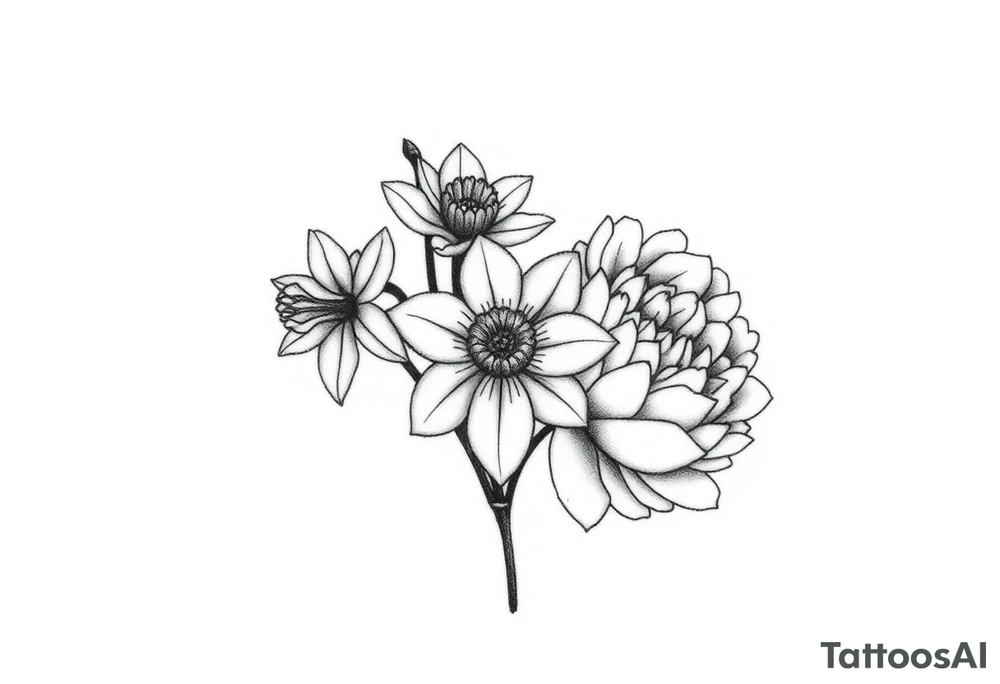 small daffodils, jonquils, chrysanthemum and peony in a bouquet tattoo idea