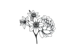 small daffodils, jonquils, chrysanthemum and peony in a bouquet tattoo idea