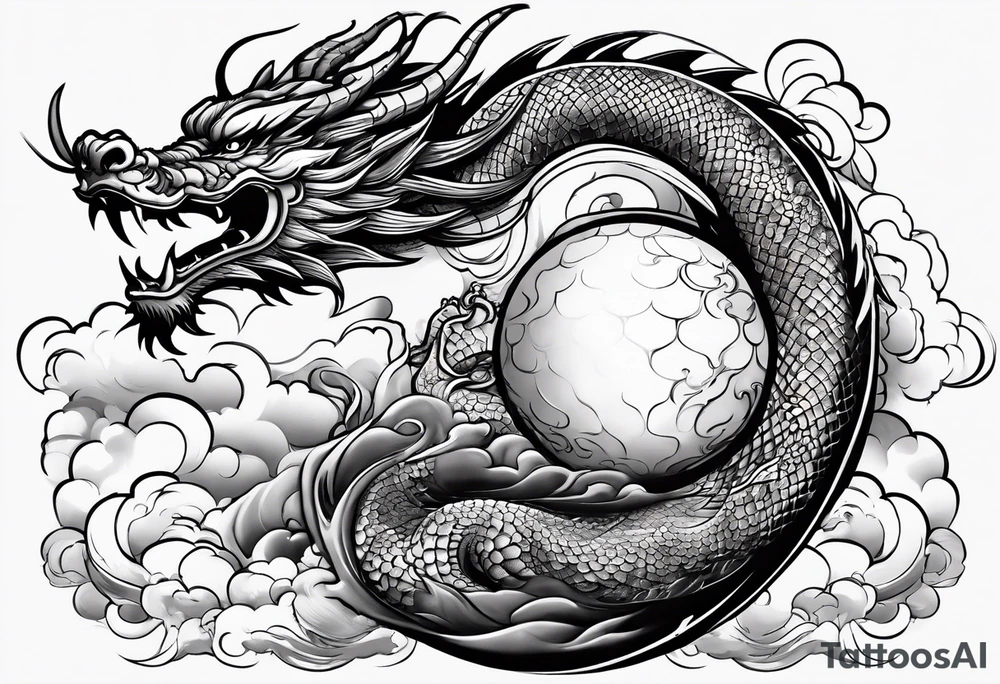 asian dragon holding a sphere, surrounded by cloud tattoo idea