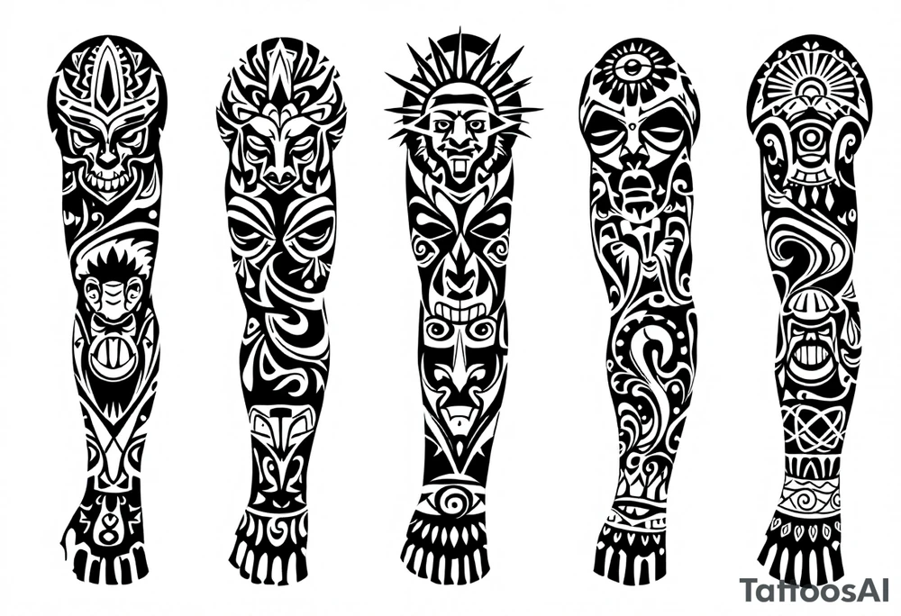 Full Polynesian sleeve tattoo with tribal motifs and oceanic symbolism – A bold black ink sleeve wrapping from shoulder to wrist, featuring traditional Polynesian patterns such as spearheads, shark teeth, tiki faces, and ocean waves. The design flows organically around the arm, with geometric symmetry, interwoven lines, and negative space creating rhythm and meaning. Symbols of strength, protection, family, and warrior spirit are incorporated throughout, including turtle shells (longevity), sun rays (leadership), and enata figures (ancestors and community). Entire design in solid black with precise clean edges, in authentic Polynesian style. tattoo idea