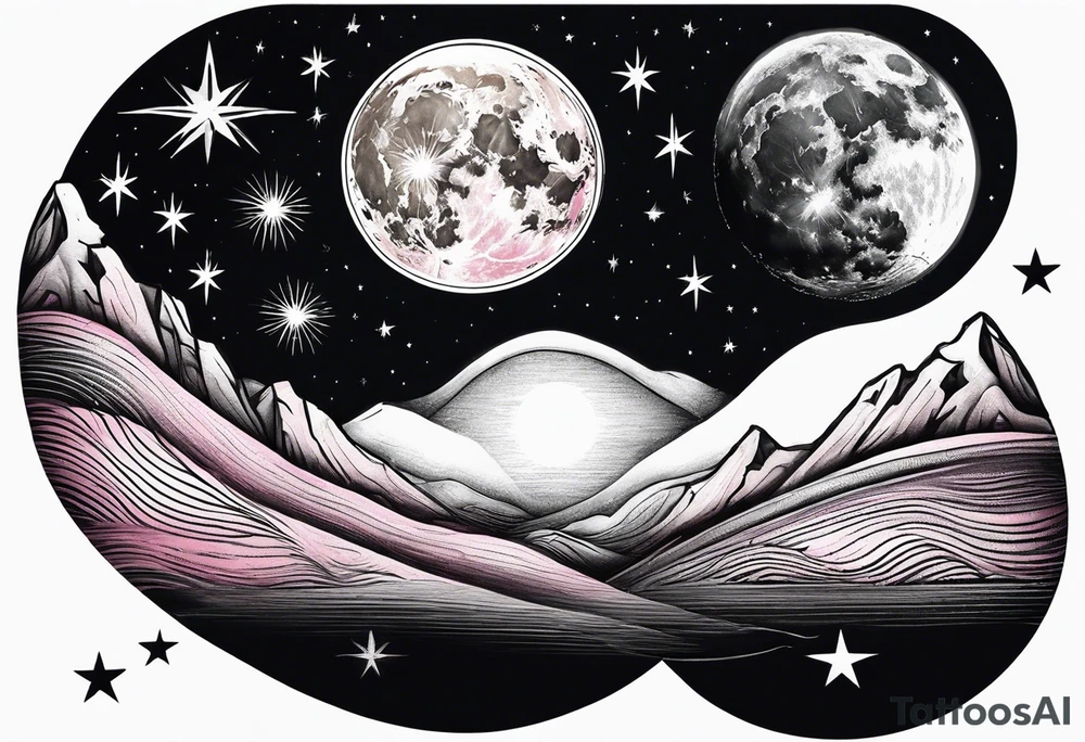 1 Full moon in black and white as main piece , 3 shooting stars going through moon. Two with blue lines in side the star and 1 with pink tattoo idea