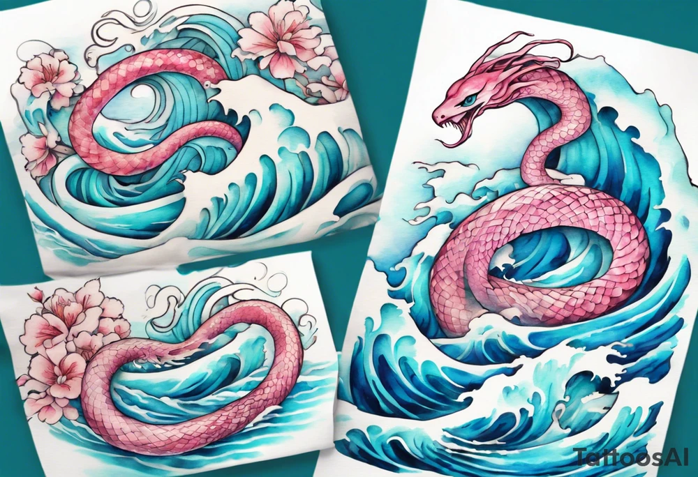 a pretty turquoise pink and white serpent rising from the blue waves of the ocean tattoo idea
