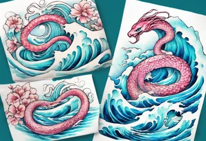 a pretty turquoise pink and white serpent rising from the blue waves of the ocean tattoo idea
