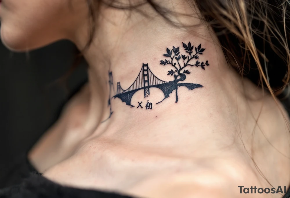 信 (xìn, “faith/trust”) in deep indigo with a bridge motif speaks of connection and reliability. tattoo idea