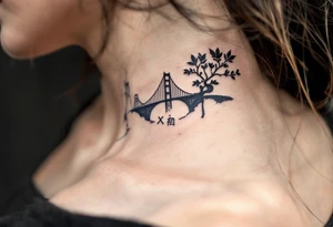 信 (xìn, “faith/trust”) in deep indigo with a bridge motif speaks of connection and reliability. tattoo idea