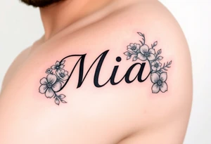 The name Mia, surrounded by flowers and shamrocks tattoo idea