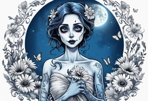 corpse bride Emily holding a bouquet of flowers. one white daisy in the bouquet. one blue butterfly. A full moon on the background. full grown tattoo idea