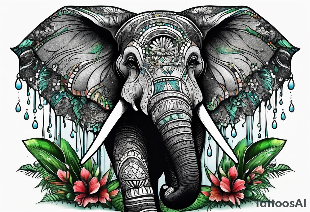 tattooed elephant in the rain forest tattoo idea