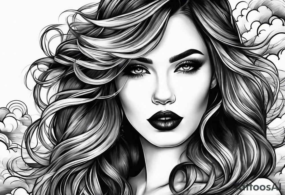 Woman long hair dark lips sky clouds tattoo idea