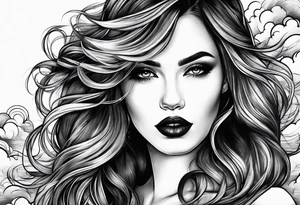 Woman long hair dark lips sky clouds tattoo idea