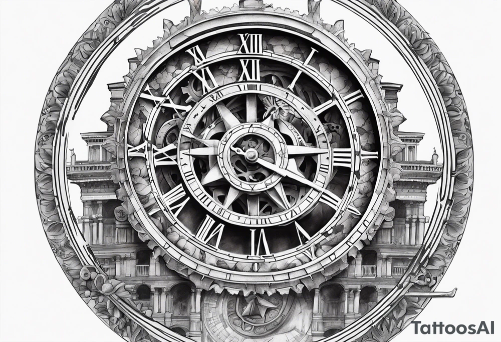 Roman clock with gears over colosseum tattoo idea