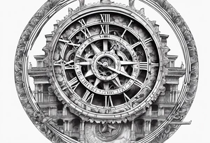 Roman clock with gears over colosseum tattoo idea