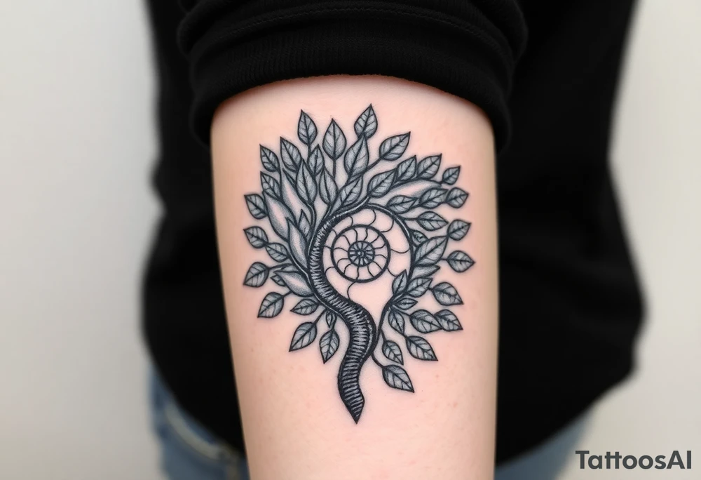 Fibonacci spiral shell inside of tree full of lots of leaves tattoo idea
