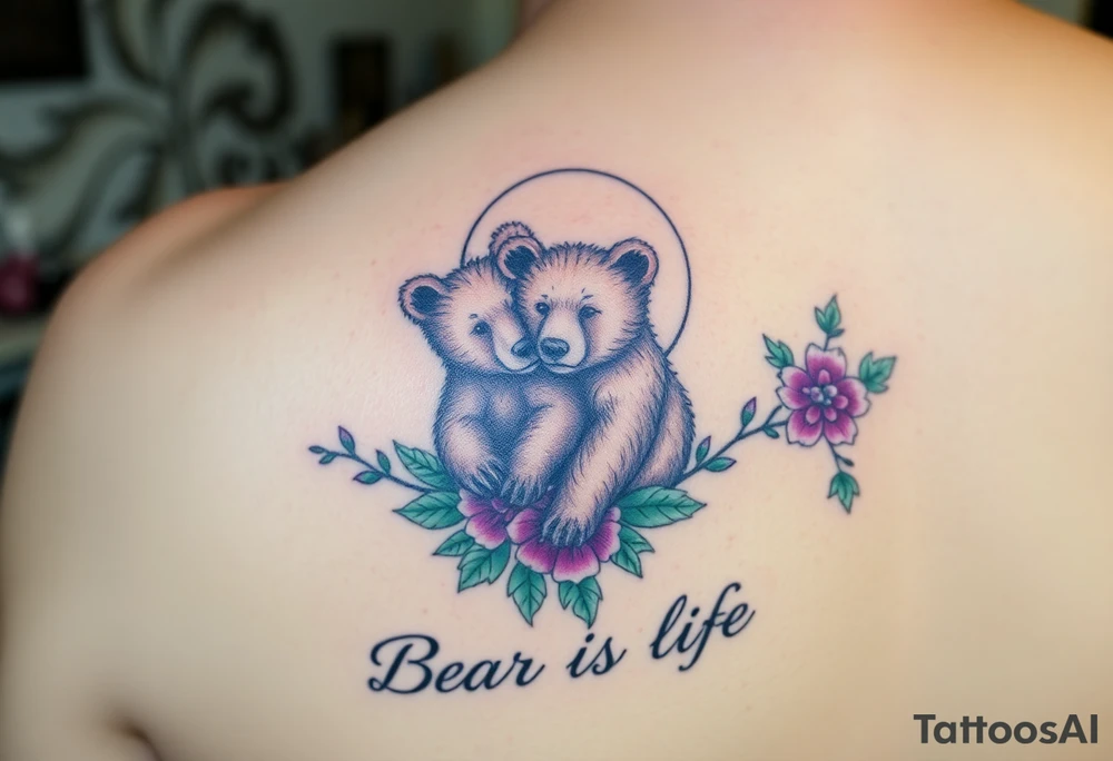 Tattoo, two realsistic baby brown bears, moon, colored carnations and vines, 9-28-14, "Bear is life", purple and green tattoo idea