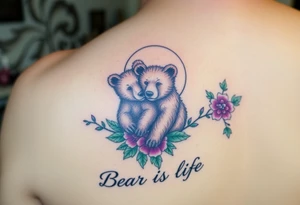 Tattoo, two realsistic baby brown bears, moon, colored carnations and vines, 9-28-14, "Bear is life", purple and green tattoo idea