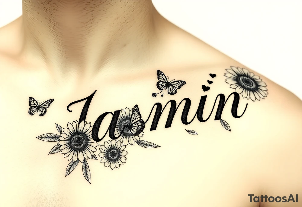 i need the name jasmin on the right side of a males chest, and with the letter “i” having a heart as the dot, and then i want some roses on the letter j and 3 sunflowers on the letter n and for it to be in cursive with some butterflies around it. I want the name on top of the flowers but for the flowers to be under the name, and i want a good amount of roses and sunflowers tattoo idea
