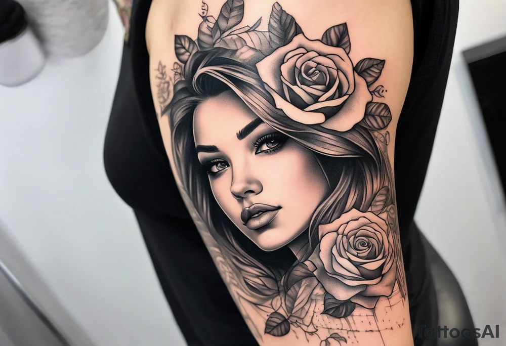 Sleeve with a pretty girls face lace rose and quote tattoo idea
