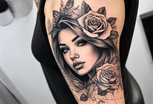 Sleeve with a pretty girls face lace rose and quote tattoo idea