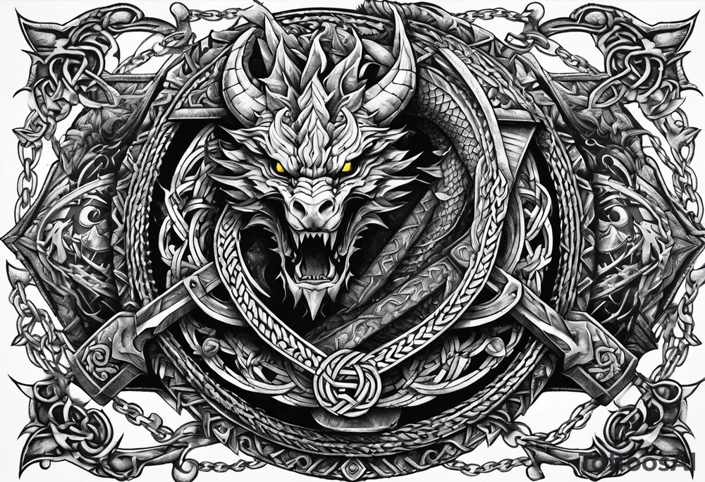 Valhalla sword shield dragon axe Valknut barbed wire chains tattoo idea
