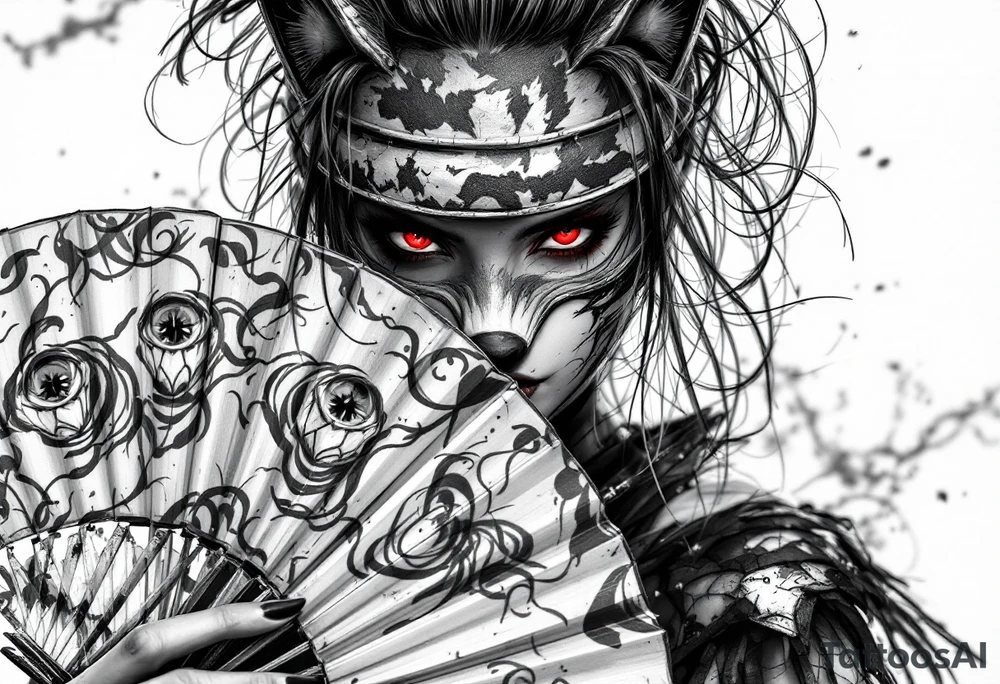 Woman samurai with red eyes wearing an half and broken fox mask, holding a japanese fan with irises. tattoo idea