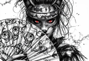 Woman samurai with red eyes wearing an half and broken fox mask, holding a japanese fan with irises. tattoo idea