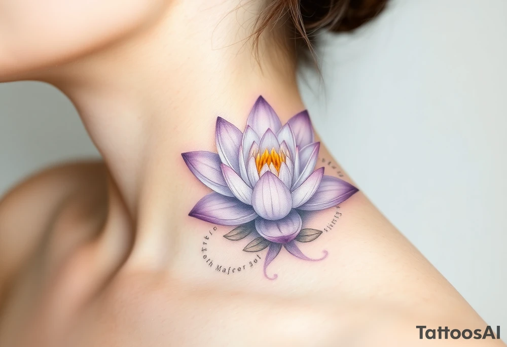 A delicate water lily with lavender-colored petals, surrounded by ethereal gold accents and floating gracefully in a misty, light-gray water, representing spiritual connection tattoo idea