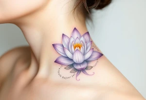 A delicate water lily with lavender-colored petals, surrounded by ethereal gold accents and floating gracefully in a misty, light-gray water, representing spiritual connection tattoo idea