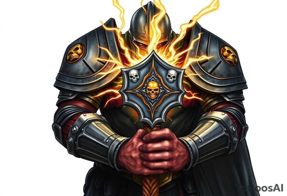 Warhammer, the Old World. A warrior priest of Sigmar holding The Warhammer of Sigmar. The Warhammer of Sigmar is radiating thunderous energy. The Warhammer is held by the warrior priest with both hands at the handle with a firm grip inorder to contain its unlimited energy, upon his chest level. The Warrior priest is wearing dark alloyed heavy armour (reference armor from warhammer vermintide 2 Victor Saltzpyres, the warrior priest of Sigmar class) with skull sigils on his shoulder pads. The warrior priest is wearing a helmet, while the helmets front visor has an humanoid face covering. The helmet and armour are gladened with hints of gold and crimson red. The Warhammer is silverish and golden with a long handle tattoo idea