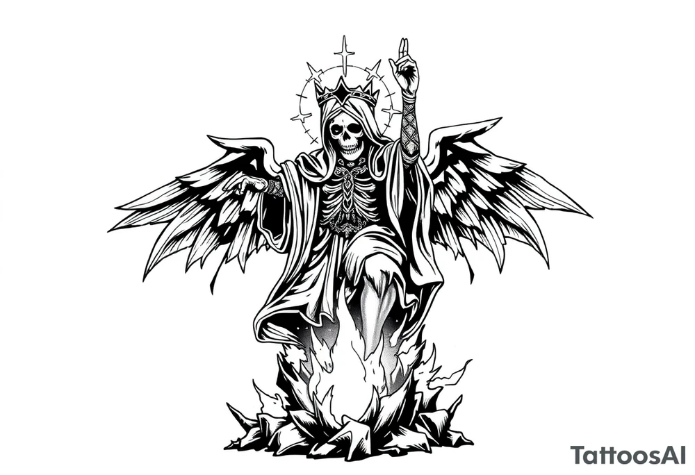 Magnificent Santa muerte rising out of the ashes of hell to claim a soul tattoo idea