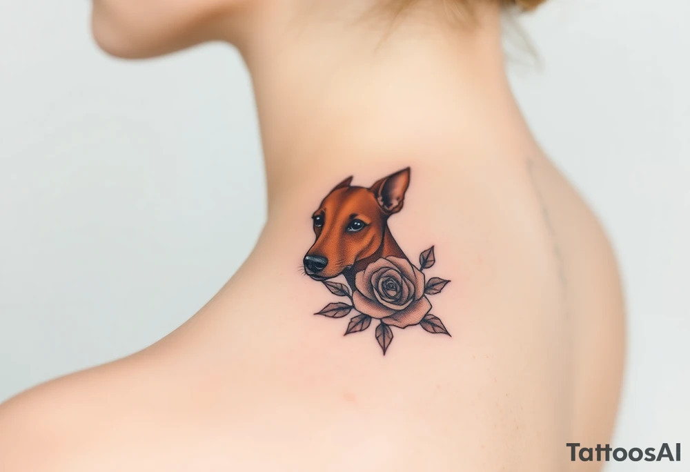 female  hound dog mix Brindle dog with the name kiwi . And a tiny rose around her . With her ears pointy a little big tattoo idea