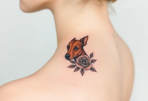 female  hound dog mix Brindle dog with the name kiwi . And a tiny rose around her . With her ears pointy a little big tattoo idea