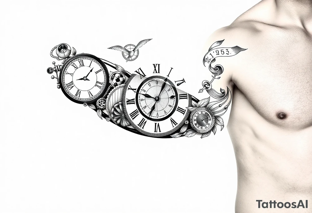 I want to create a sleeve for my left arm with elements if time and music and the dates 19.04.2019 and 28.01.2022 in Roman numerals tattoo idea