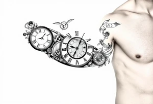 I want to create a sleeve for my left arm with elements if time and music and the dates 19.04.2019 and 28.01.2022 in Roman numerals tattoo idea