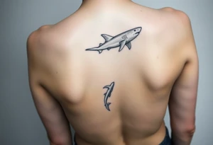 one lemon shark and one whale shark swimming laterally up the spine tattoo idea